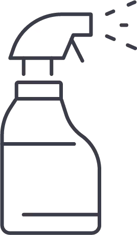 Line drawing of a spray bottle dispensing liquid.