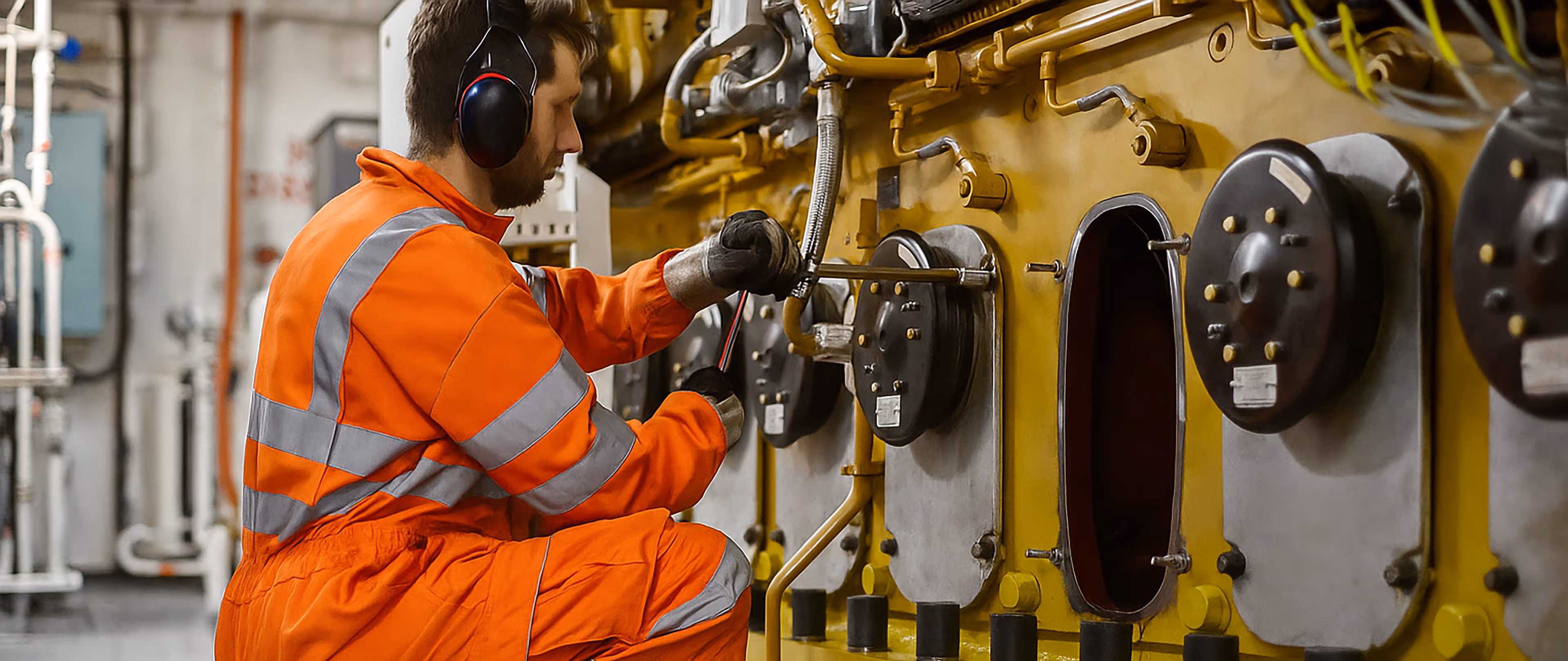 Seafarer in orange safety gear and ear protection repairing or maintaining ship machinery