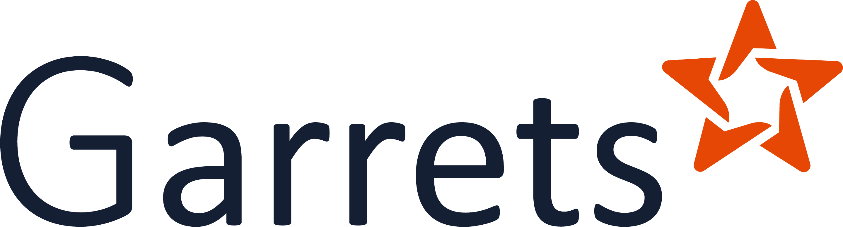 Garrets brand name in dark blue with an orange stylized star made of interconnected arrows.