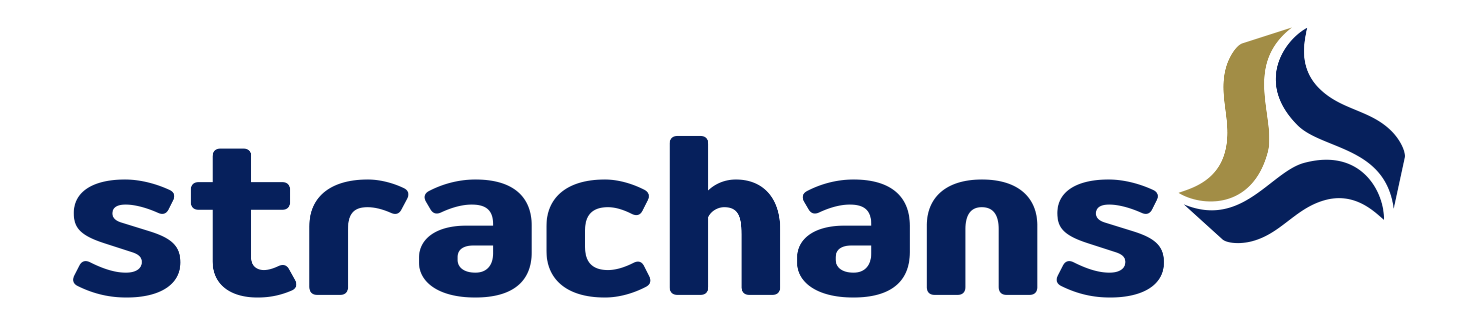 Strachans logo with stylized blue and gold flame to the right of the text.