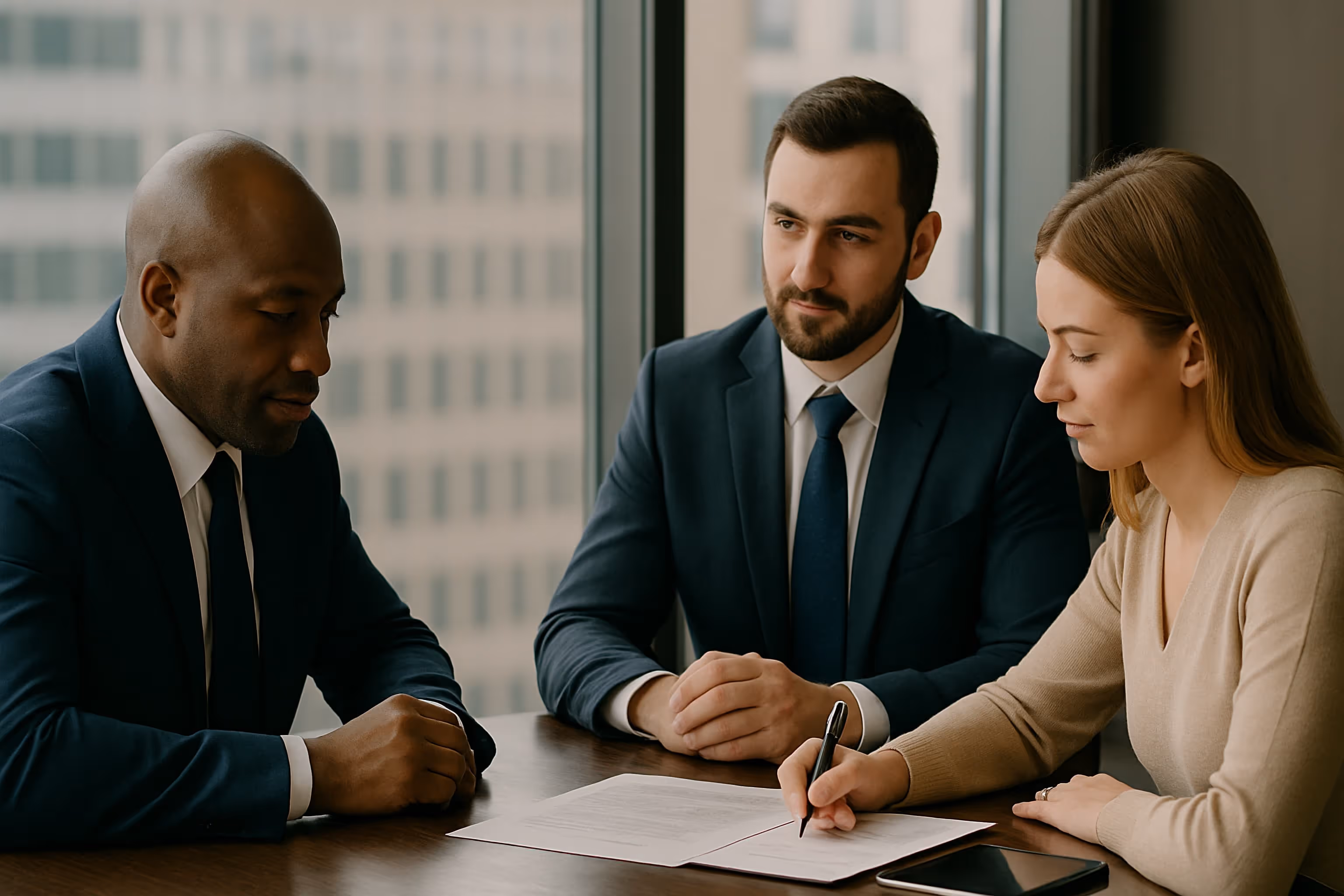 Business attorney consulting with corporate client