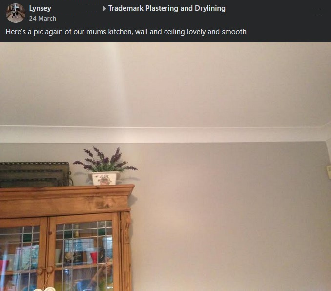 Lynsey M shared a photo of a plastered, painted, and coved ceiling and wall.