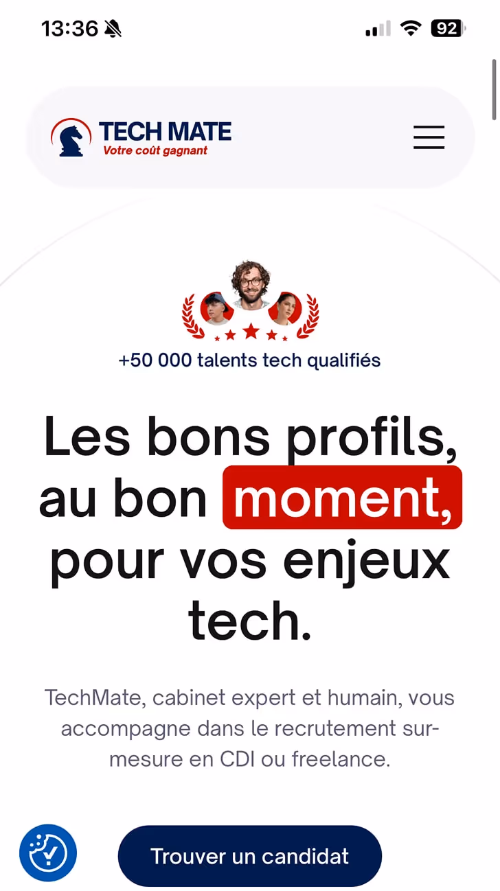 Visuel du site Techmate sur smartphone
