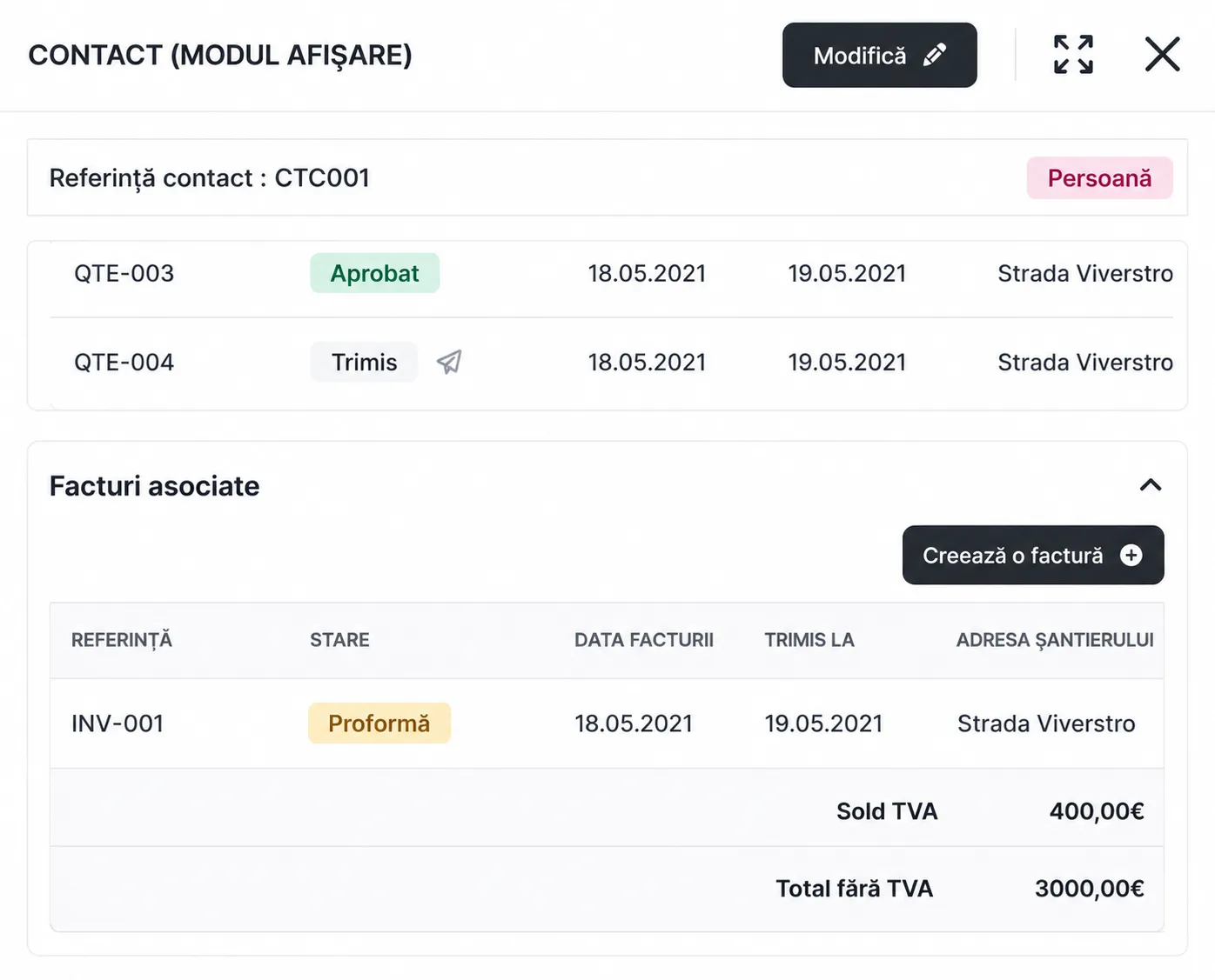 Fisa de contact cu oferte si facturi asociate in Cobria