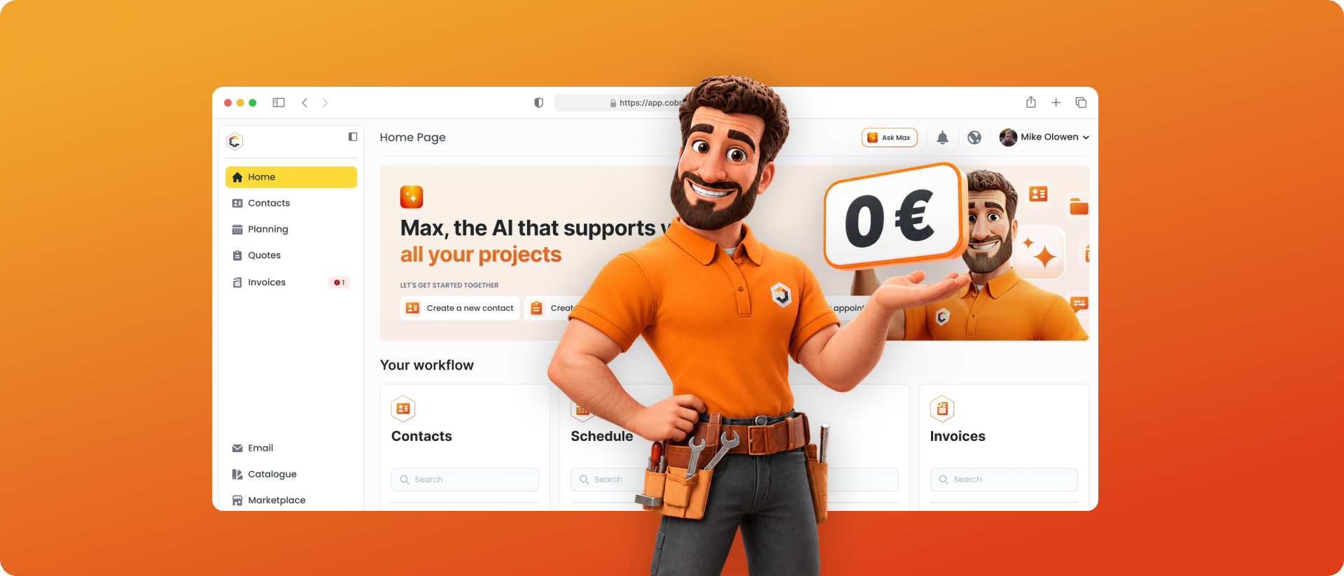Mascotte Cobria devant l'interface de Cobria, avec un panneau 0 € pour le plan gratuit