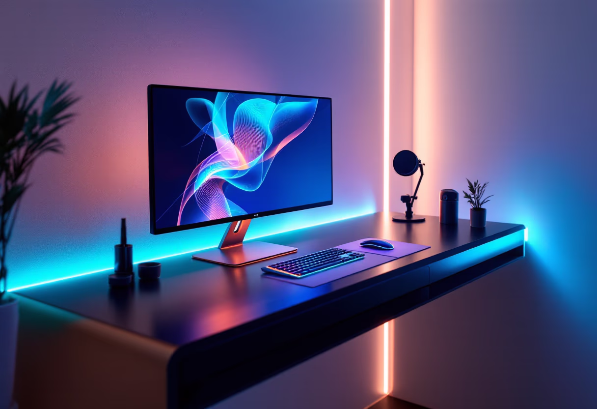 image of desk setup with computer (for a game development company)