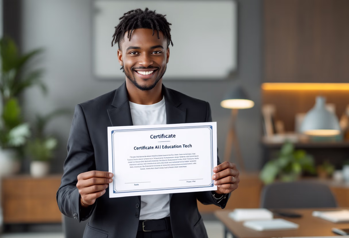 subject: diverse student with certificate in a modern classroom