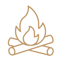 Campfire icon with golden flames and crossed wooden logs