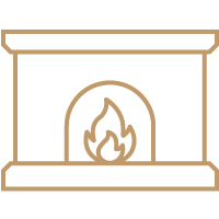 Minimalist wooden fireplace icon with simple flame design