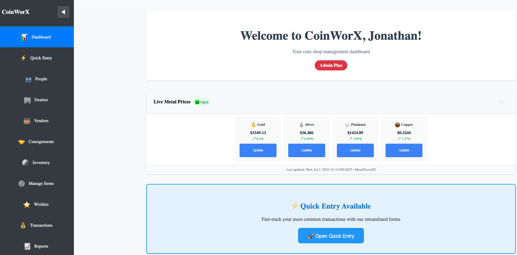 MyCoinWorX Coin Collection Inventory Management for Collectors Solo Dealers and Shops Dashboard