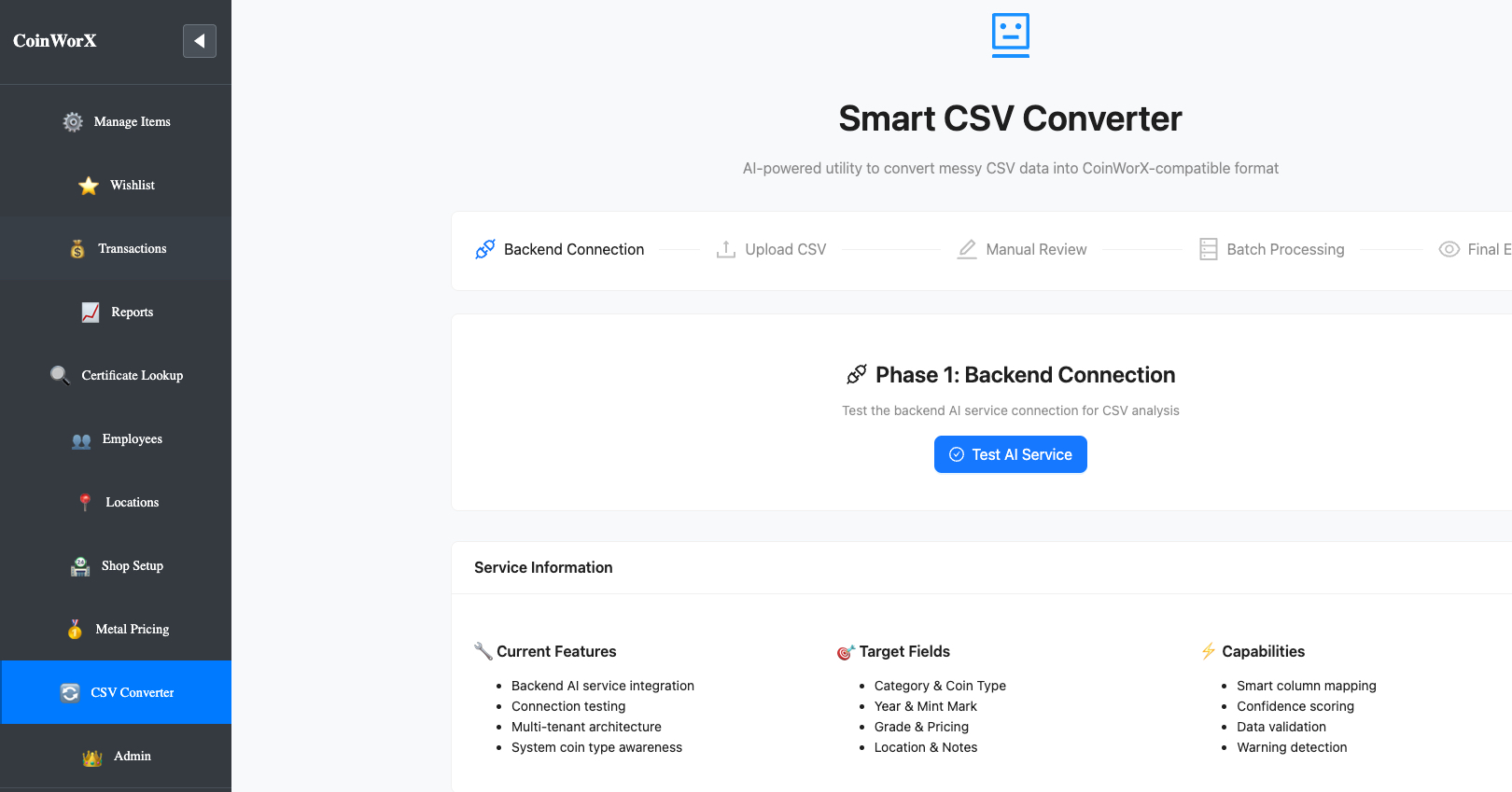 MyCoinWorX Coin Collection Inventory Management for Collectors Solo Dealers and Shops Import Spreadsheets with our AI tool
