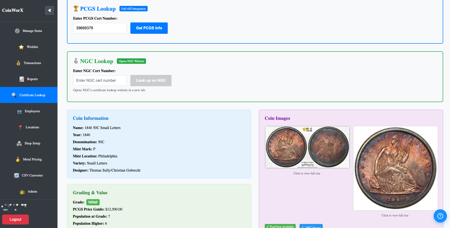 MyCoinWorX Coin Collection Inventory Management for Collectors Solo Dealers and Shops PCGS Integration