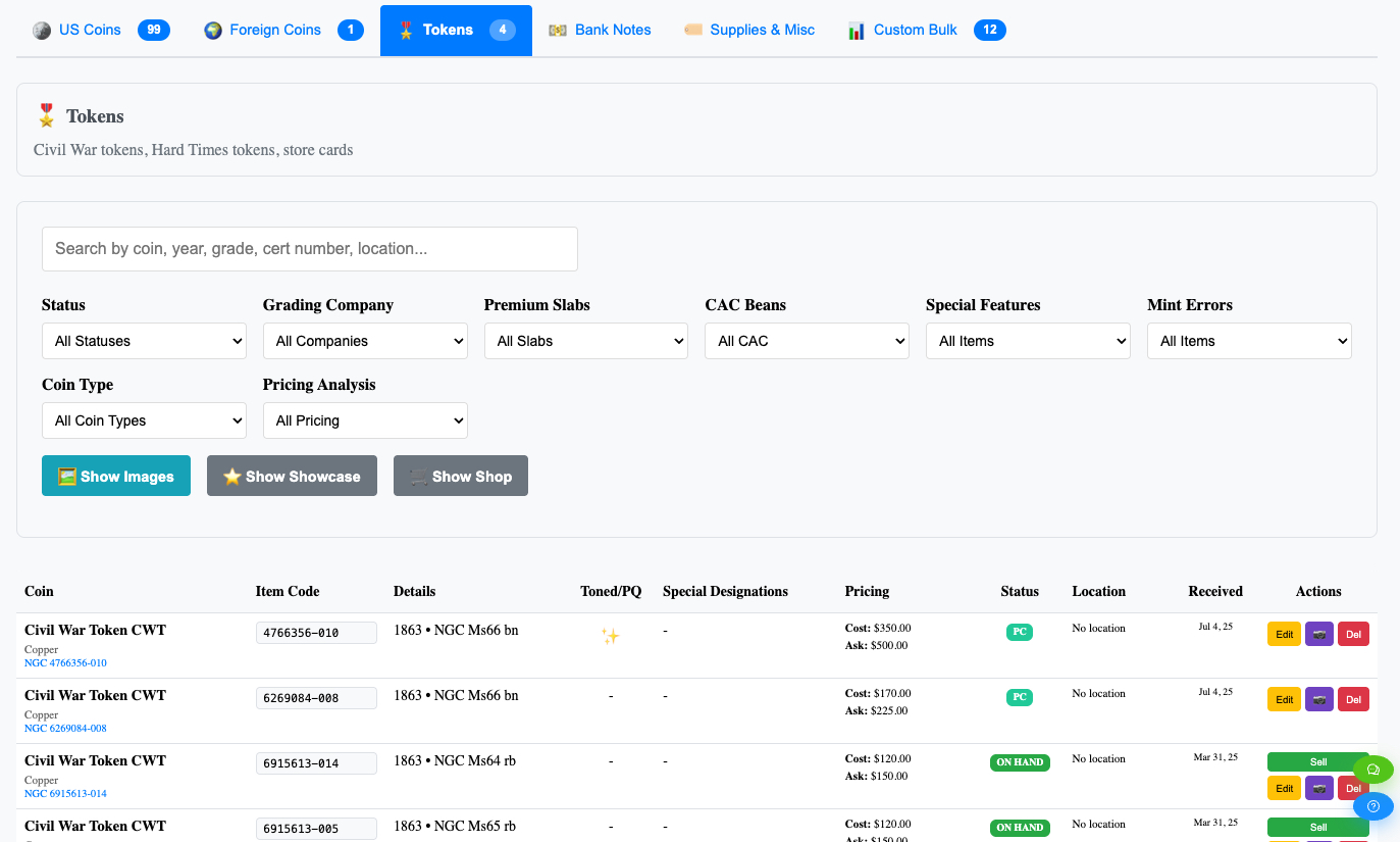 MyCoinWorX coin collection management system for collectors solo dealers and shops CWT and Foreign coins