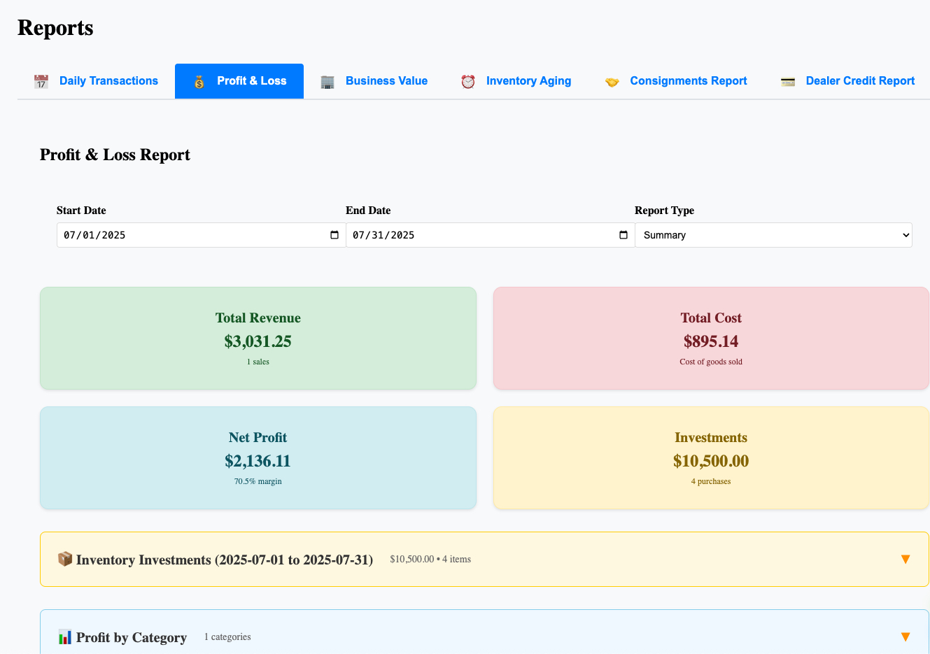 MyCoinWorX coin collection management system for collectors solo dealers and shops profit and loss report