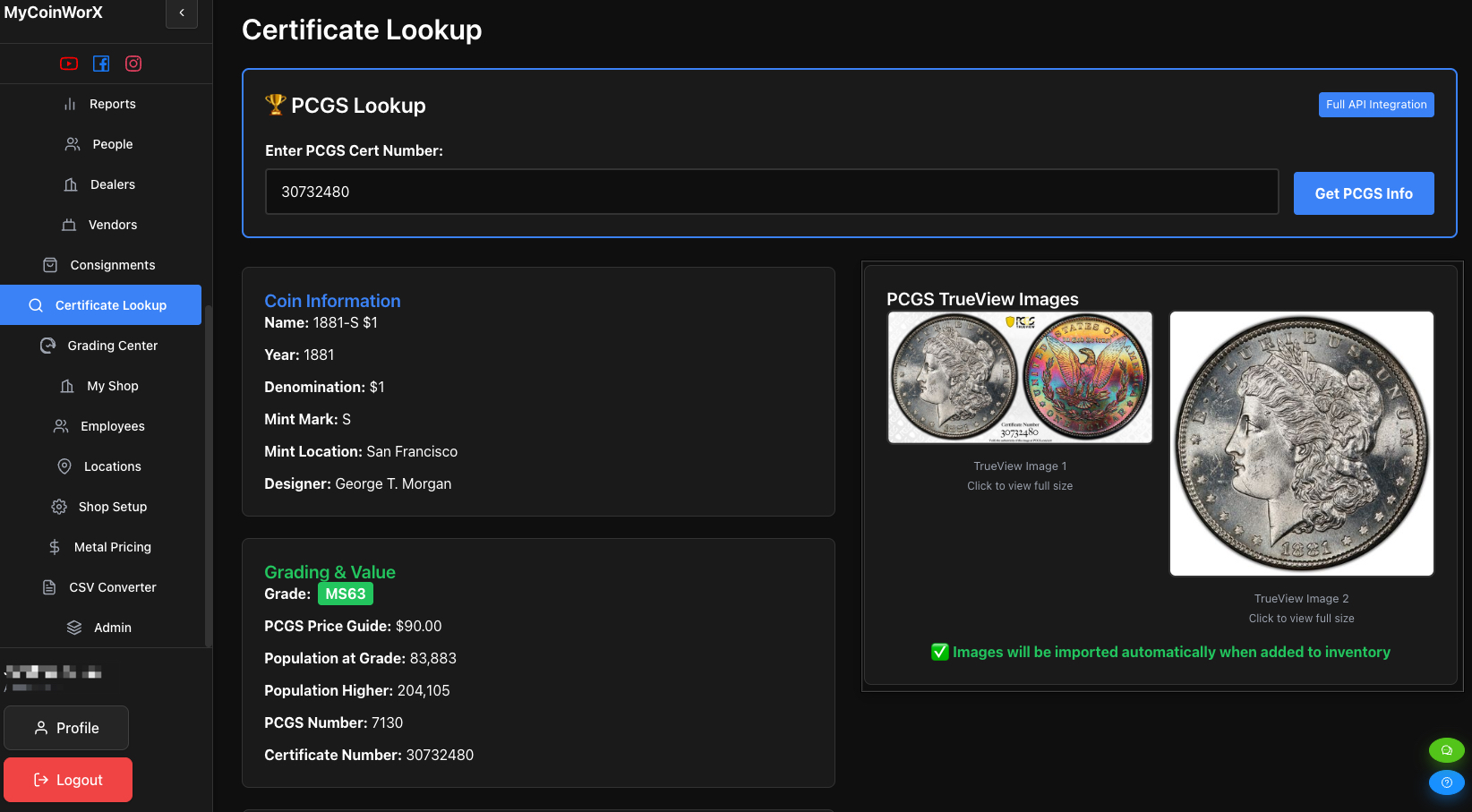 MyCoinWorX Coin Collection Inventory Software individual certificate lookup
