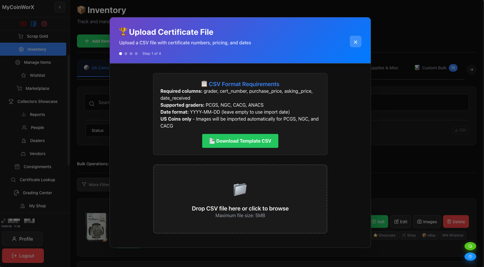 MyCoinWorX Coin Collection Inventory Software bulk certificate upload