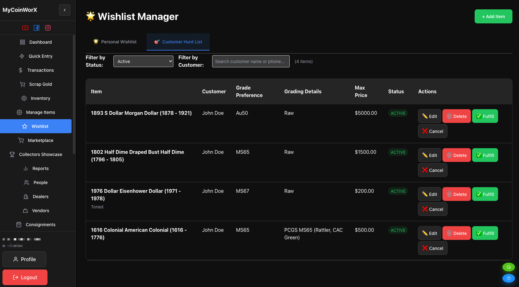 MyCoinWorX Coin Collection Inventory Software track Customer hunt list.