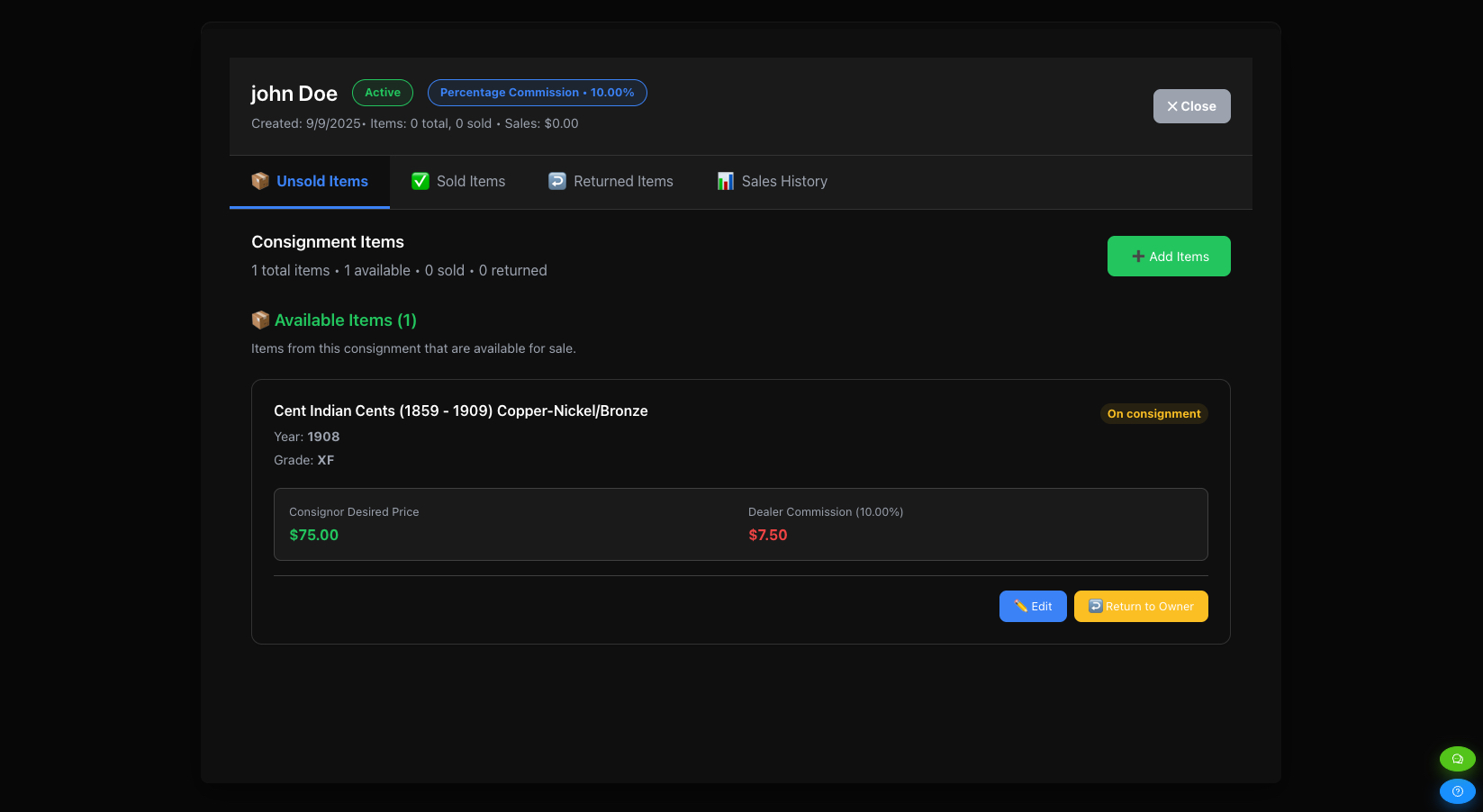 MyCoinWorX Coin Collection Inventory Software allows you to manage consignment for customers