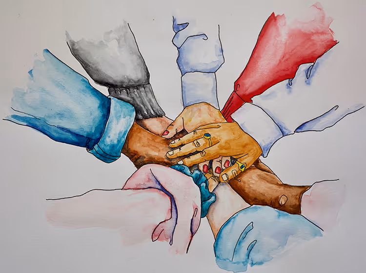 Aquarellzeichnung mehrerer ineinander verschränkter Hände unterschiedlicher Hautfarben, die Zusammenhalt und Teamarbeit symbolisieren.