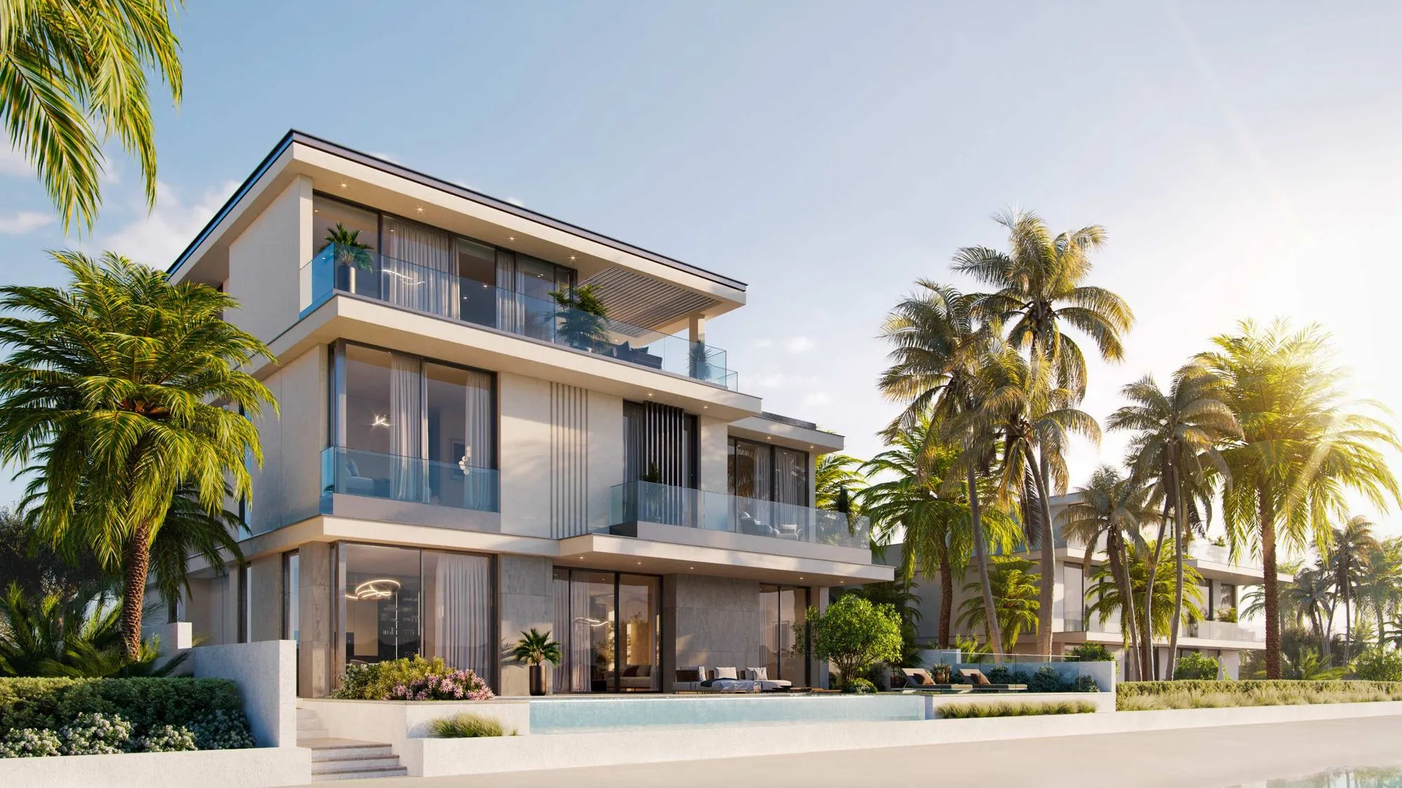 A stunning vista of the Aquamarina beachfront villa in Palm Jebel Ali.