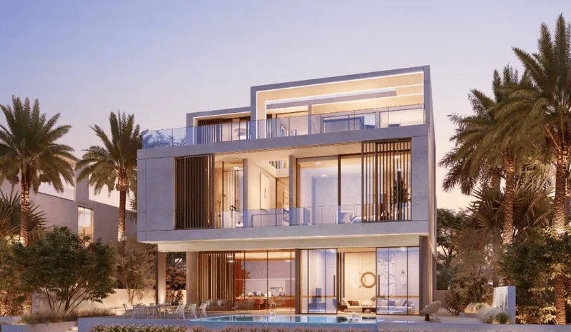 A five-bedroom house with a swimming pool, located in Palm Jebel Ali, Dubai. The house has a modern Mediterranean style.