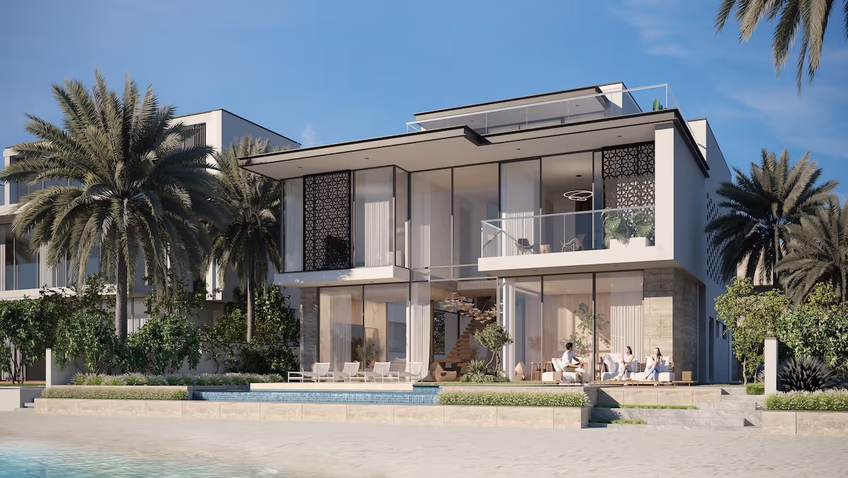 A modern villa with a swimming pool on a beachfront property at Palm Jebel Ali.