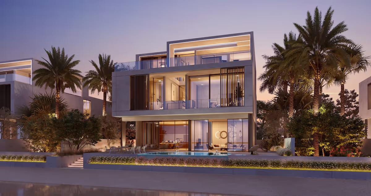 A five-bedroom house with a swimming pool, located in Palm Jebel Ali, Dubai. The house has a modern Mediterranean style.