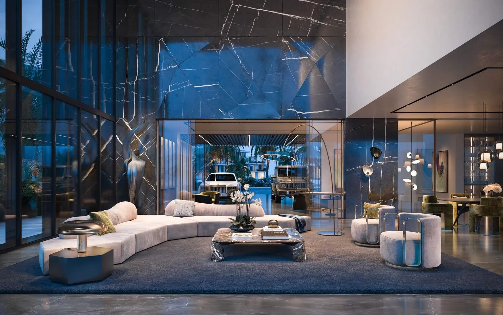 Spacious living area in a coral villa featuring natural light and ocean glimpses