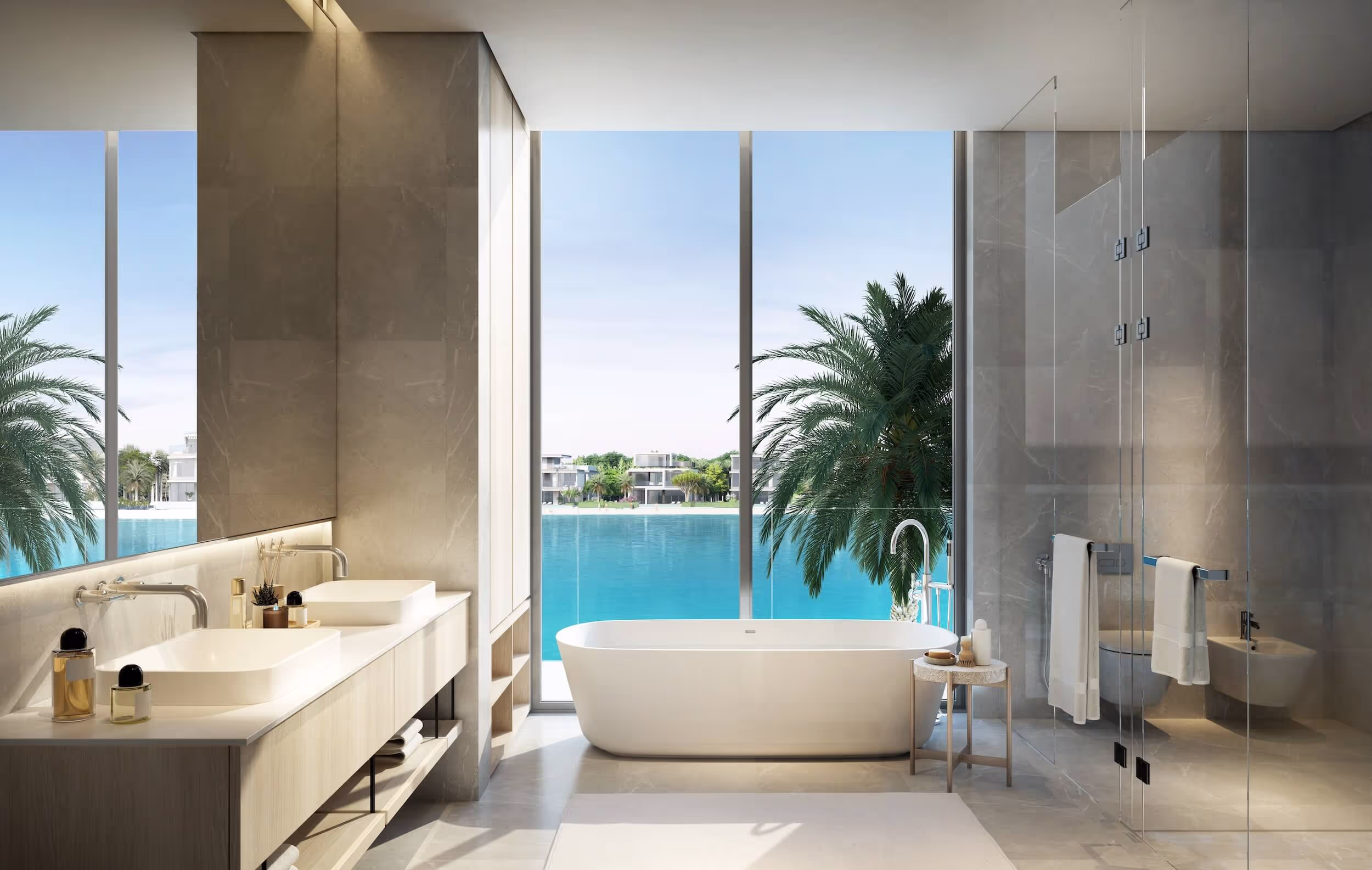 A bathroom with a bathtub, toilet, and sink, all in a clean white color scheme. The palm trees visible through the window add a touch of nature.