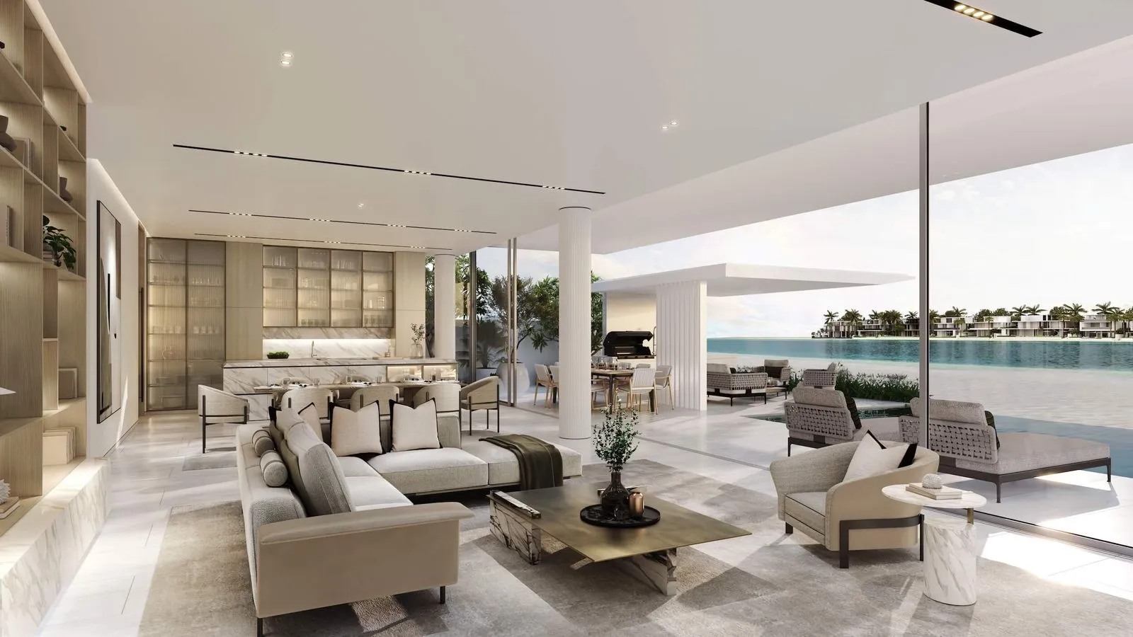 A luxurious living space featuring a designer table and chairs, bathed in warm light from a chandelier, with a breathtaking vista of a lake.