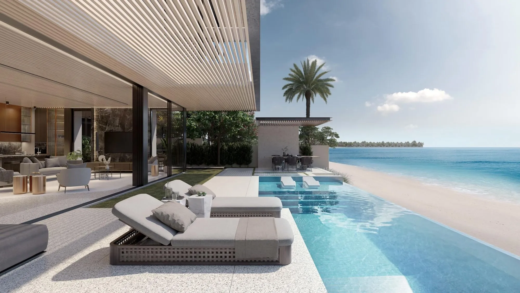 A luxurious living space featuring a designer table and chairs, bathed in warm light from a chandelier, with a breathtaking vista of a lake.