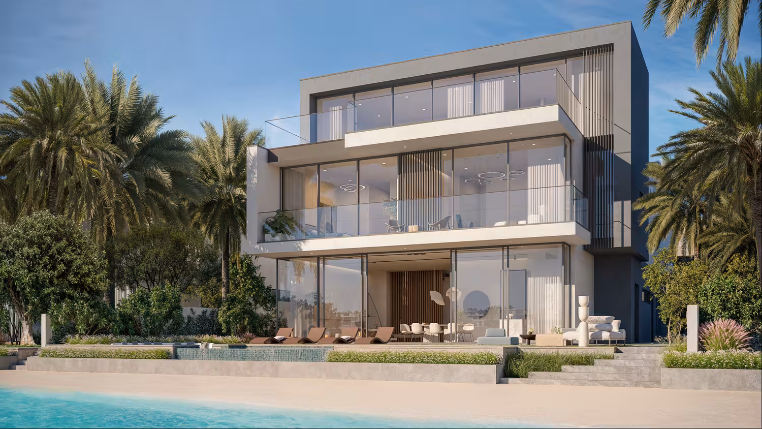 People delight in the hot weather season at Palm Jebel Ali's white sand beach.