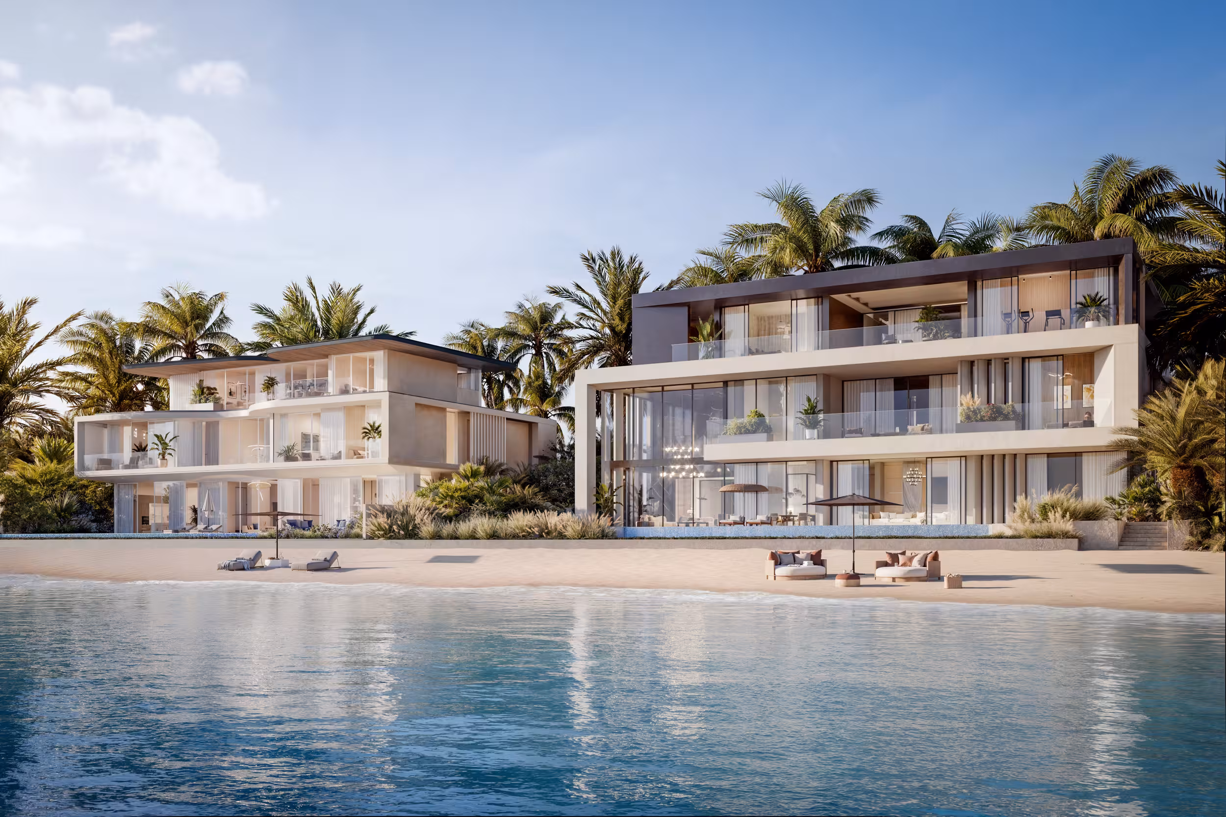 A five-bedroom house with a swimming pool, located in Palm Jebel Ali, Dubai. The house has a modern Mediterranean style.