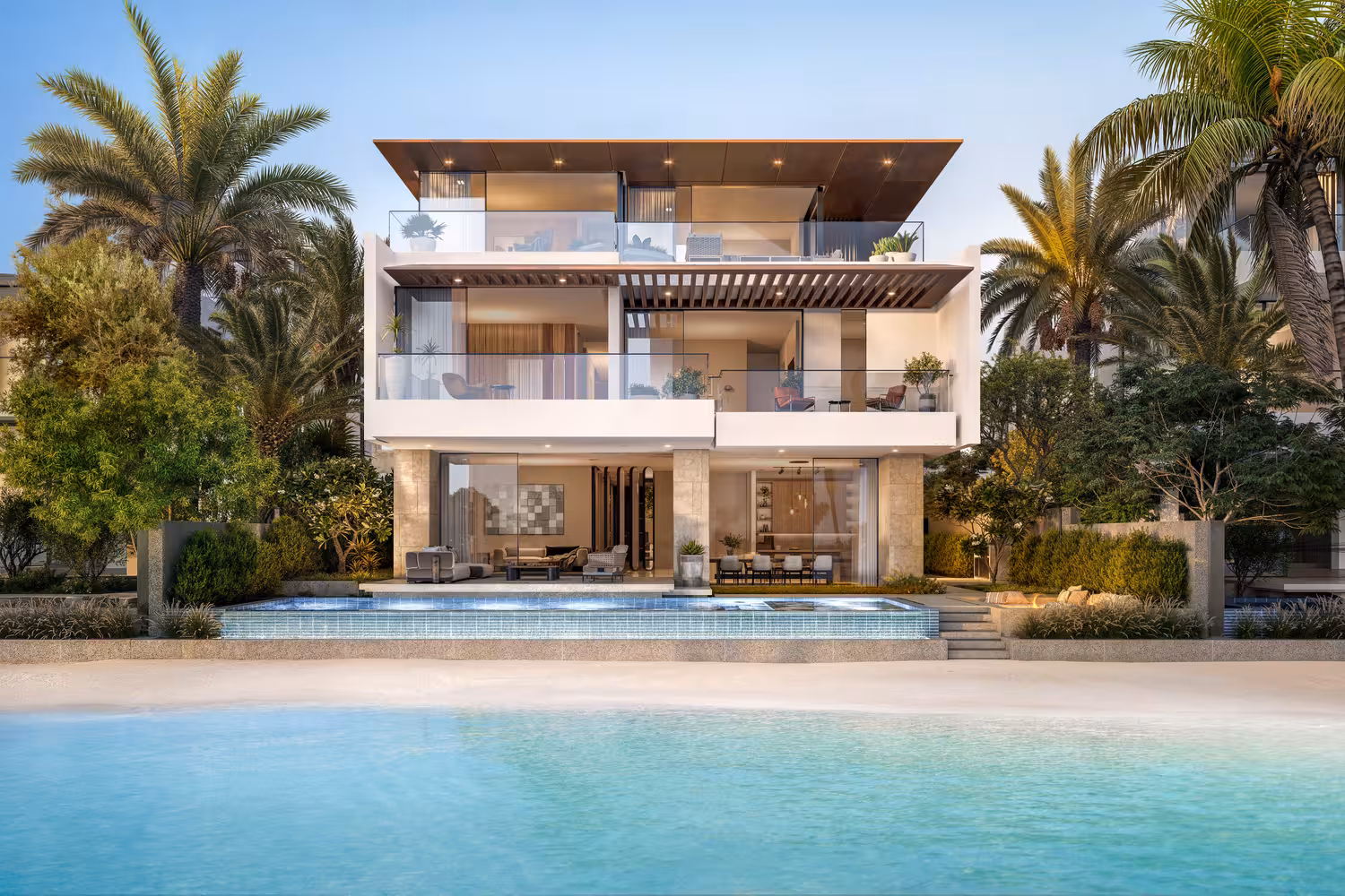 A stunning vista of the Aquamarina beachfront villa in Palm Jebel Ali.