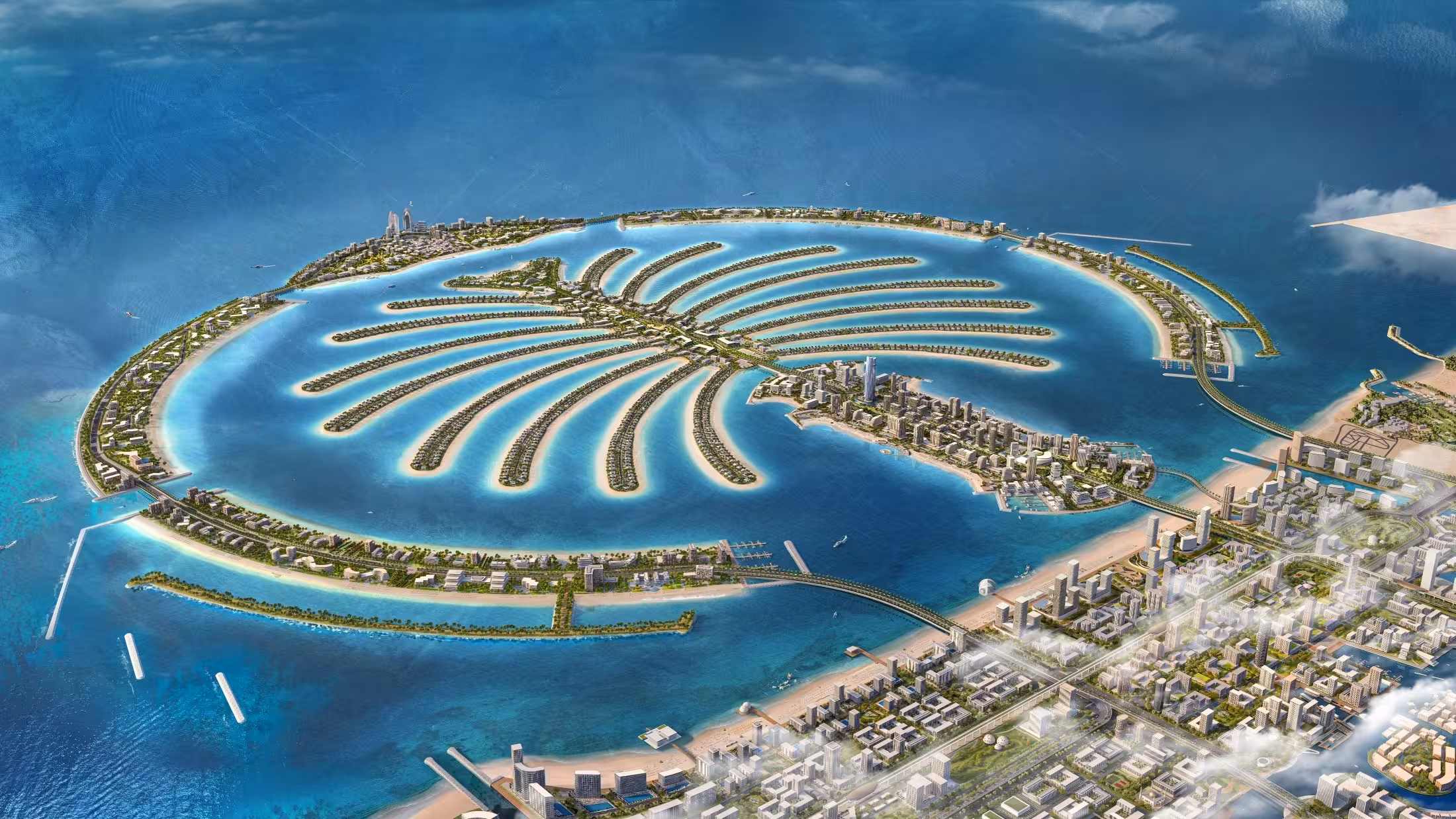 A stunning aerial view of the Palm Jebel Ali island.