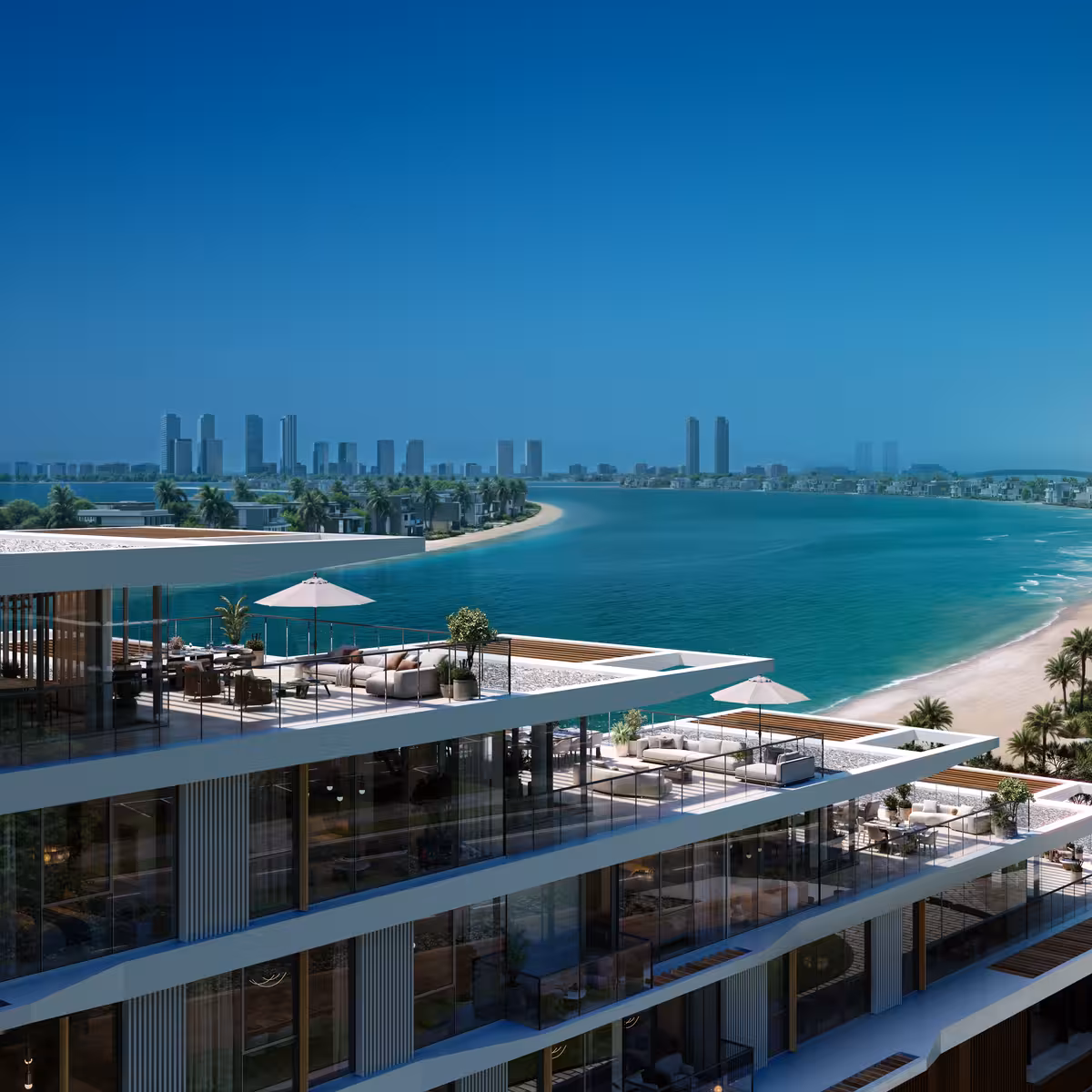 A dream vacation home in Dubai. A beachfront villa with a swimming pool, palm trees, and a stunning ocean view.