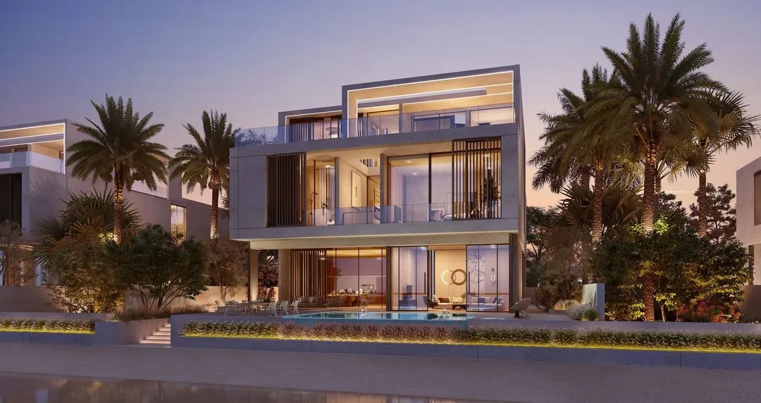 A luxury villa with a private pool overlooking the beach at Palm Jebel Ali.
