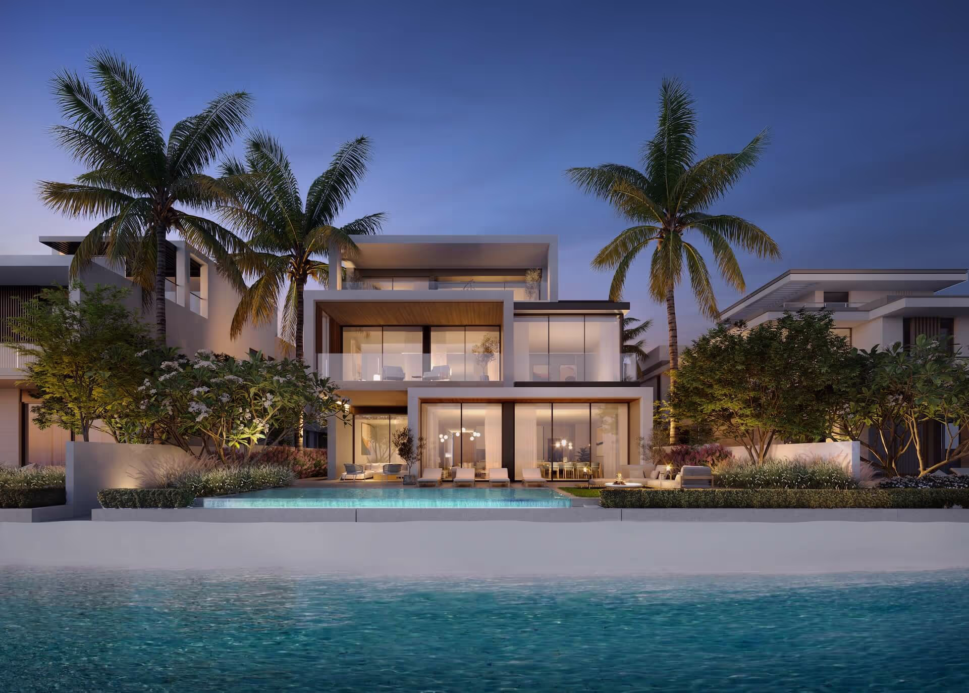 A luxury villa with a private pool overlooking the beach at Palm Jebel Ali.