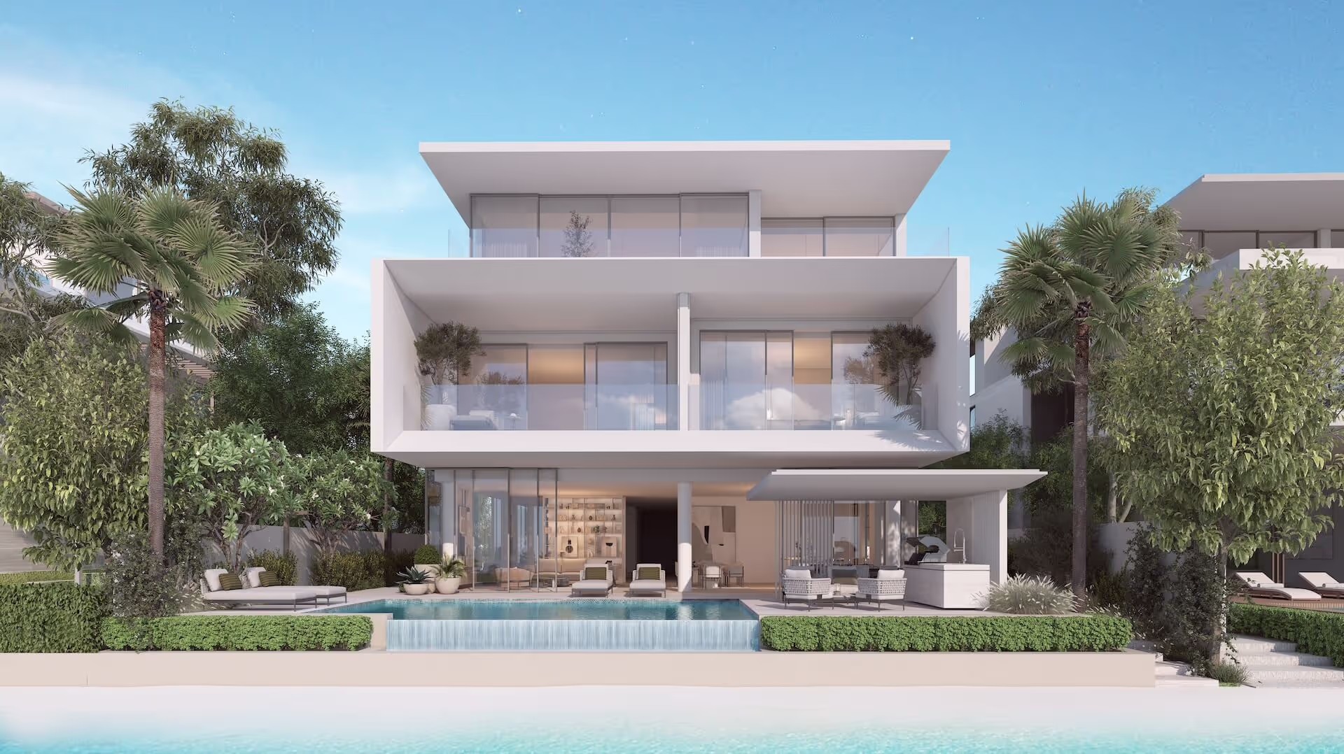 A luxury villa with a private pool overlooking the beach at Palm Jebel Ali.