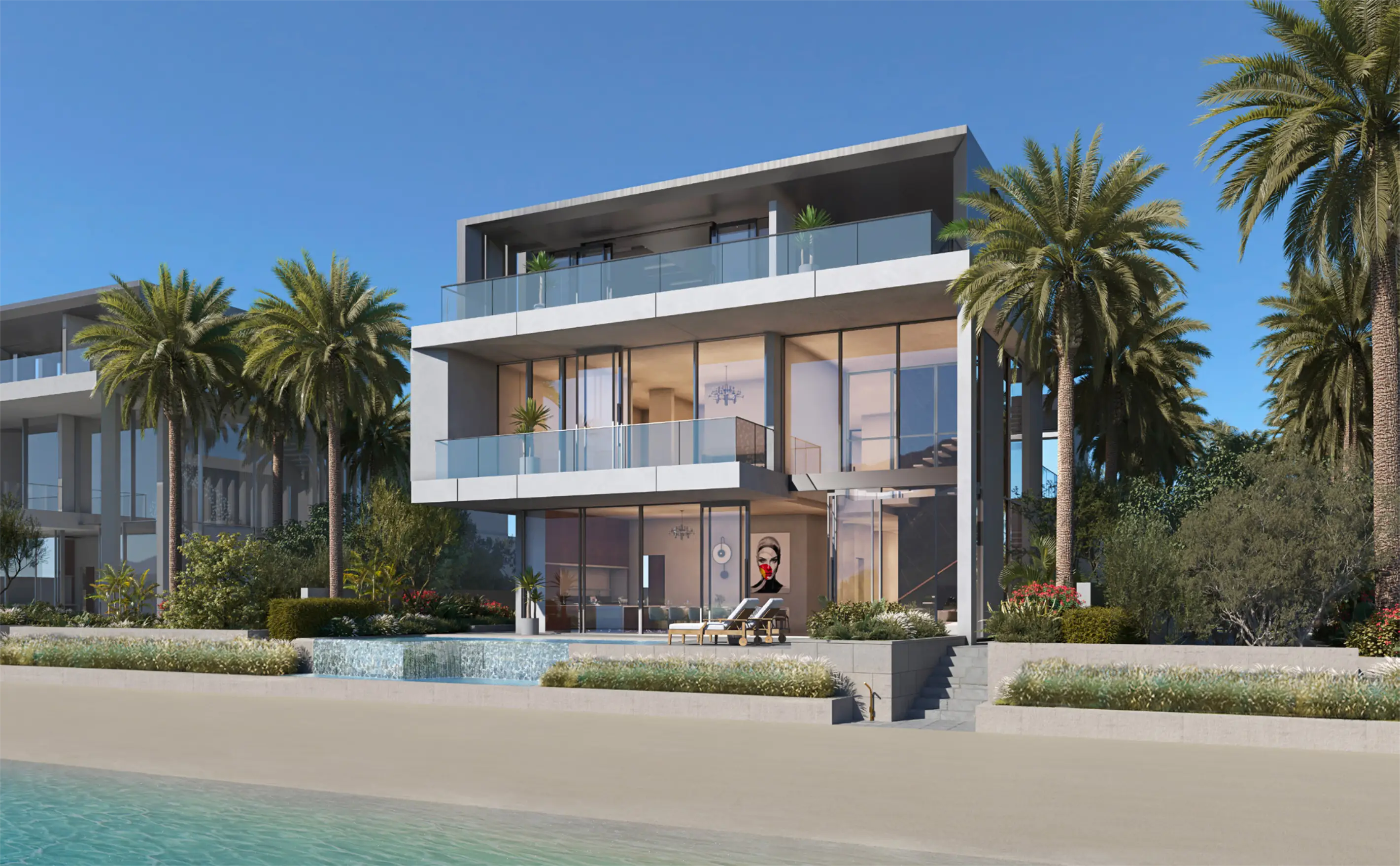 A luxury villa with a private pool overlooking the beach at Palm Jebel Ali.