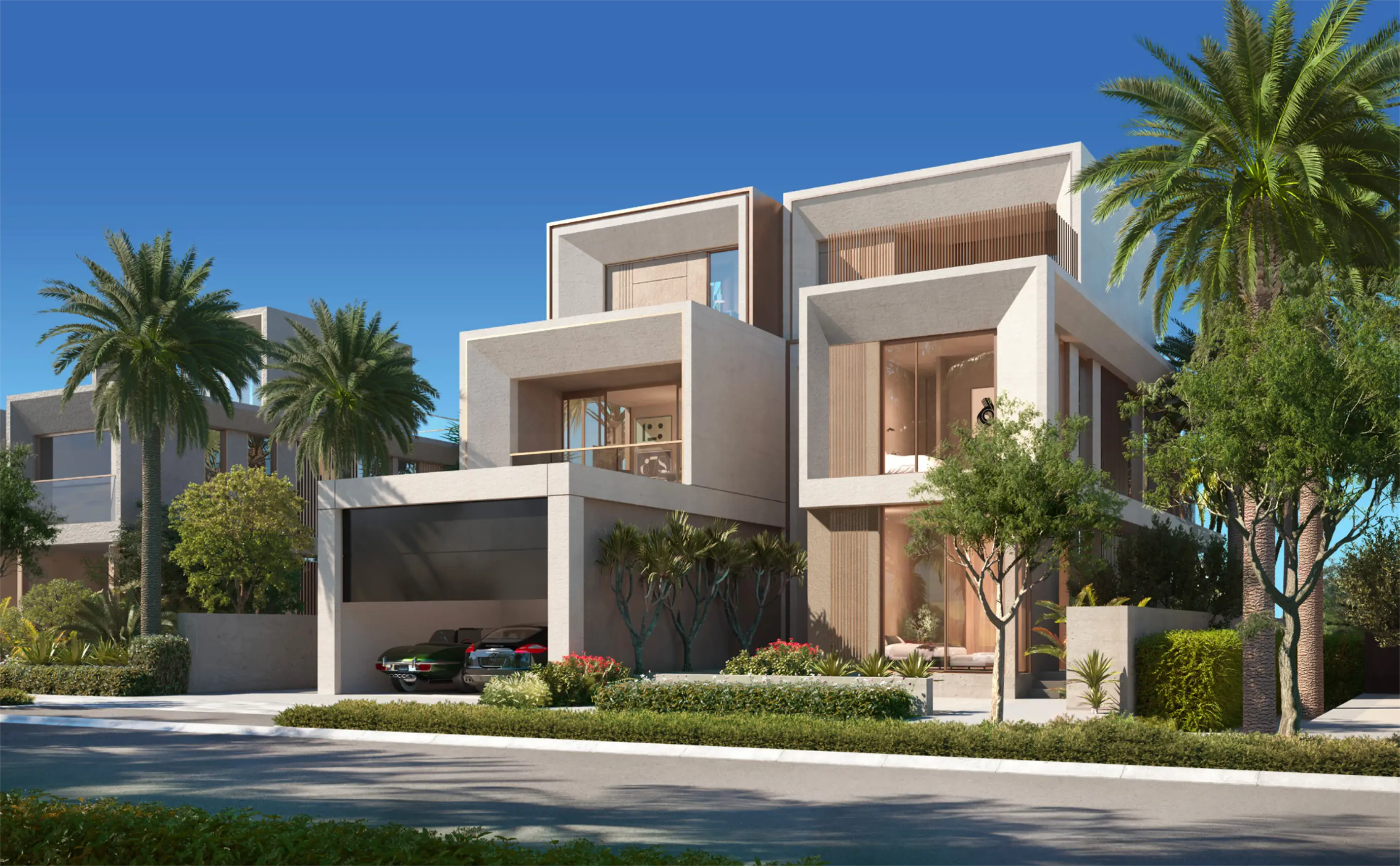 A luxury villa with a private pool overlooking the beach at Palm Jebel Ali.