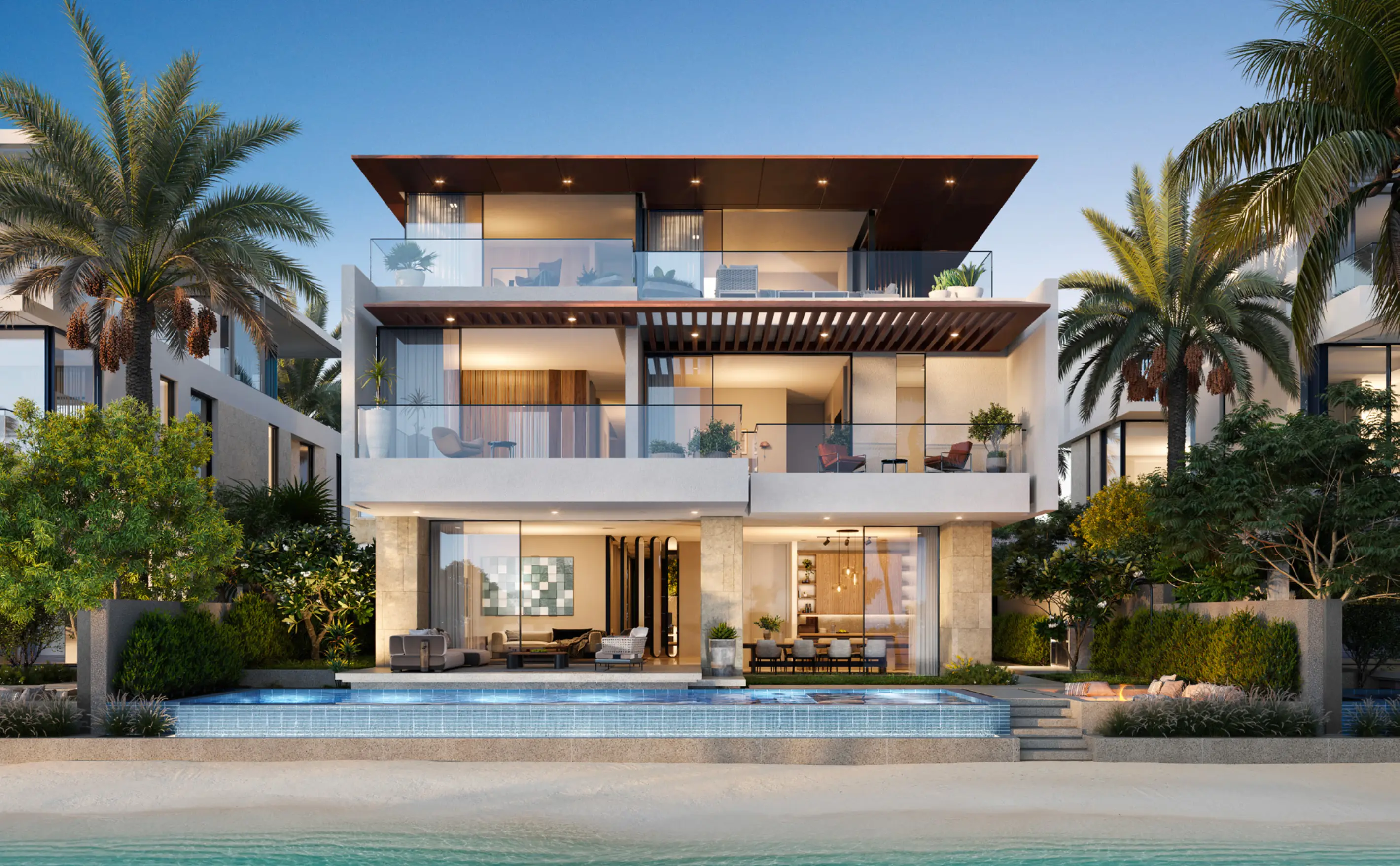 A luxury villa with a private pool overlooking the beach at Palm Jebel Ali.