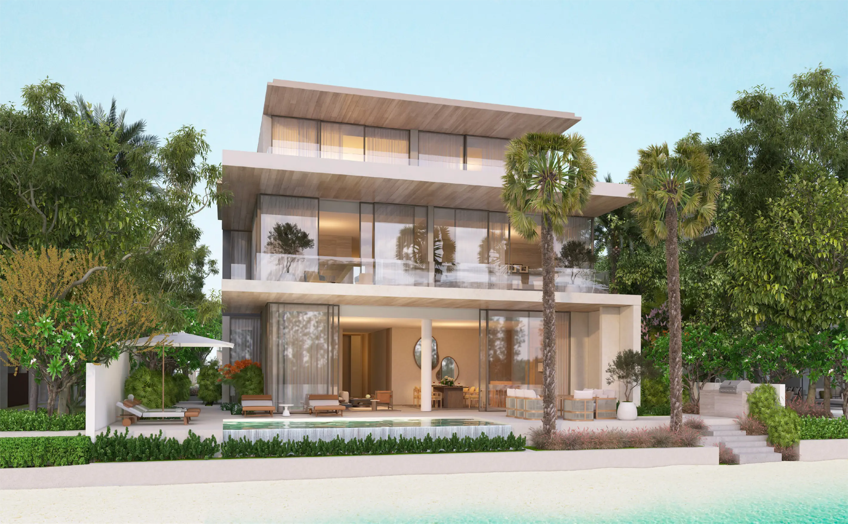 A luxury villa with a private pool overlooking the beach at Palm Jebel Ali.