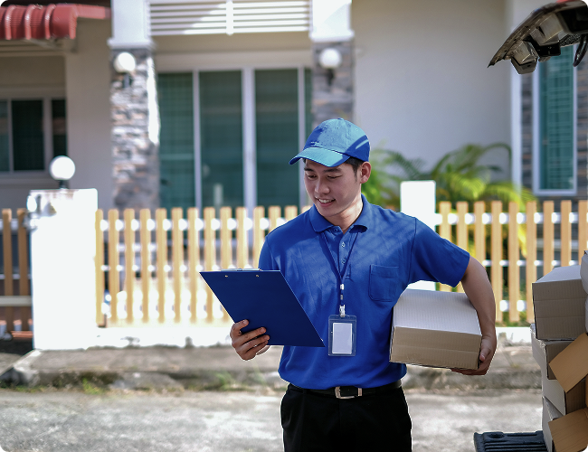 Smart Care Pharmacy courier in blue uniform holding a cardboard box and a clipboard while making home deliveries outside a residential building.