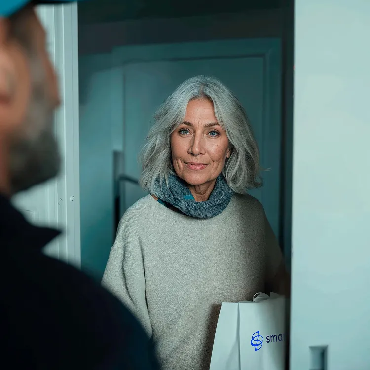 Senior woman receiving prescription delivery from SmartCare Rx Pharmacy.