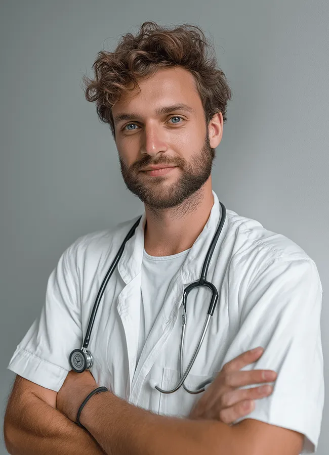 Male doctor with stethoscope standing confidently in hospital hallway