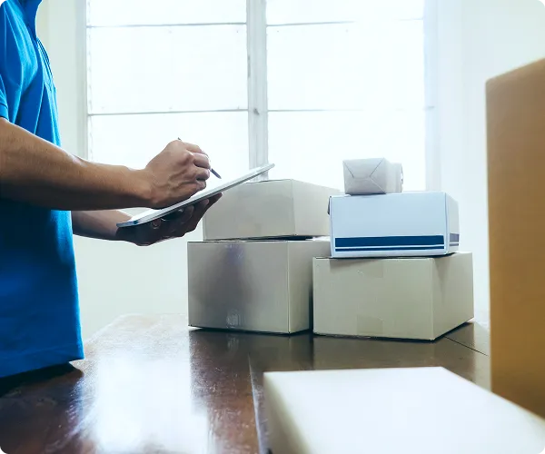SmartCare RX Pharmacy  courier in blue uniform checking and signing for multiple delivery packages on a table by a bright window.