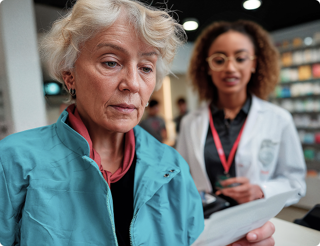 Senior woman in a teal jacket reviewing a document at a pharmacy counter with a pharmacist in a white coat assisting in the background.
