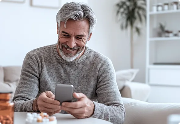 SmartCare Rx Pharmacy older man in a cozy home setting, using a smartphone and surrounded by prescription medication bottles, highlighting technology use and medication management for seniors