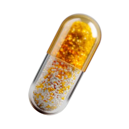 Transparent capsule pill containing small white, yellow, and orange beads inside.